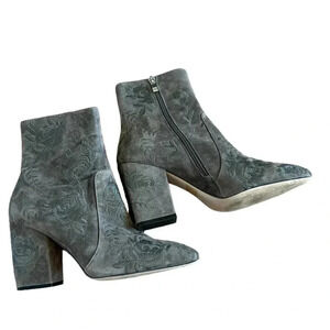 Anthro Silent D Gray Green Floral Embroidered Ankle Booties Size 39/US 8-8.5